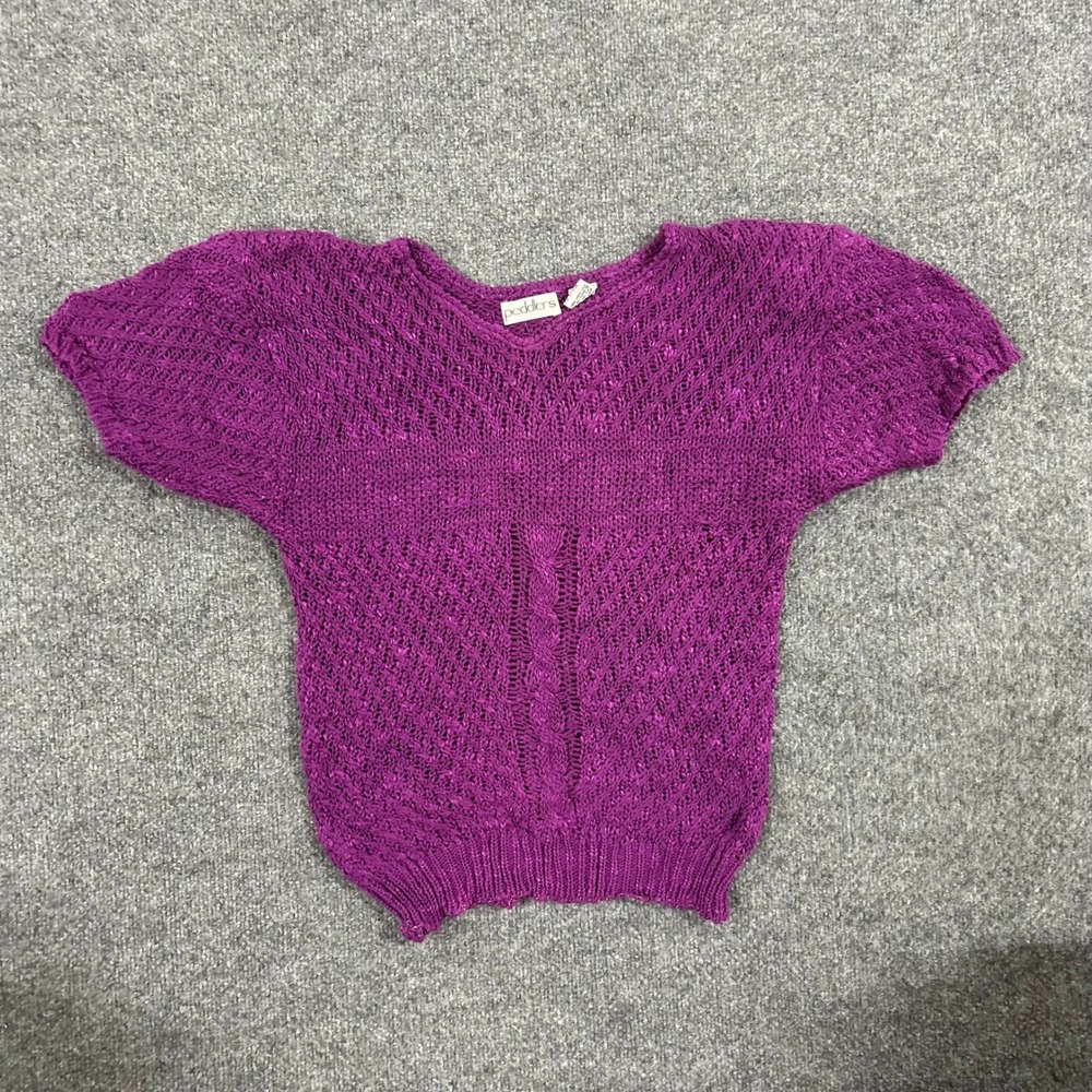 Peddlers Sweater Womens Size M Purple Open Knit Short Sleeve Cable Stitch Top